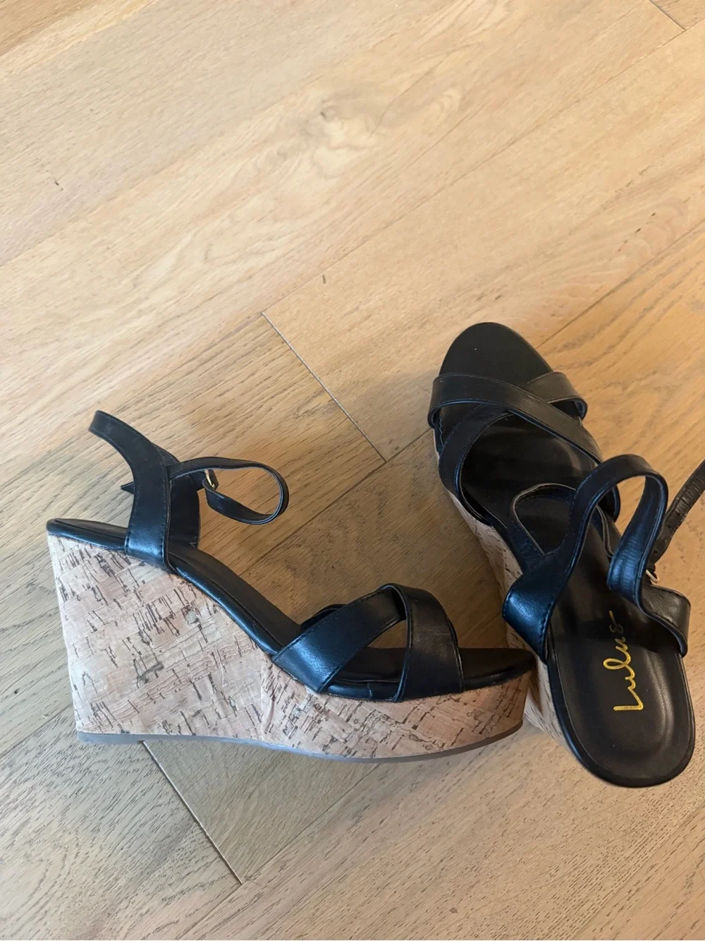 Lulu's Black Leather Cork Wedge Sandals